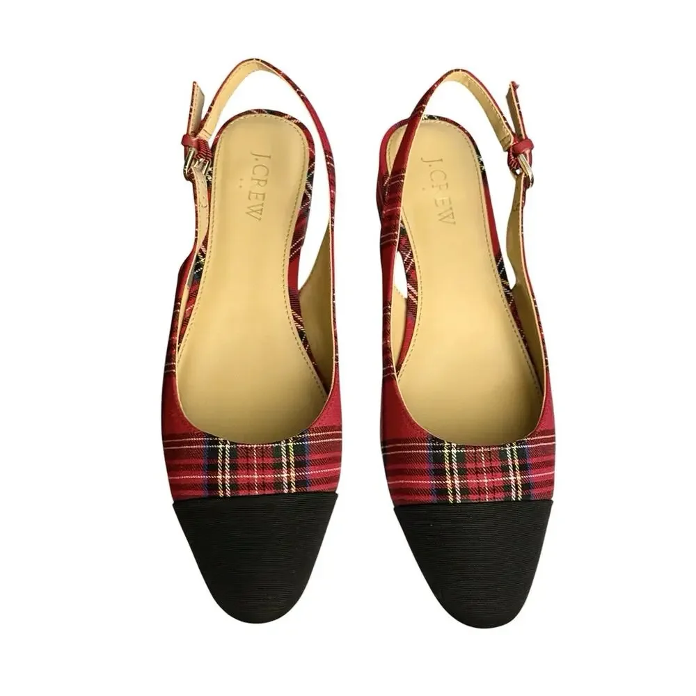 J.Crew Tartan Cap Toe Holiday Low-Heel Slingback Flat Red Black Plaid 8.5 M